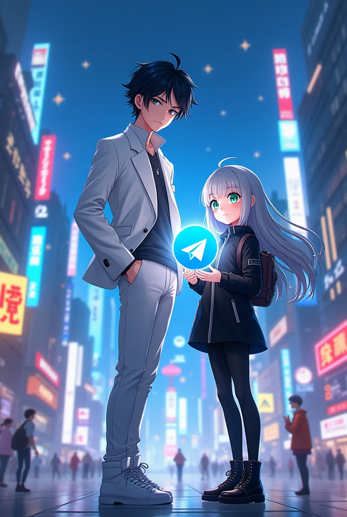 18-year-old anime boy 17-year-old anime girl. the boy has the Telegram logo in his hand, the girl has the ai logo in her hand, the boy is 178 cm tall, wearing white clothes, the girl is 159 cm tall, wearing black clothes.
