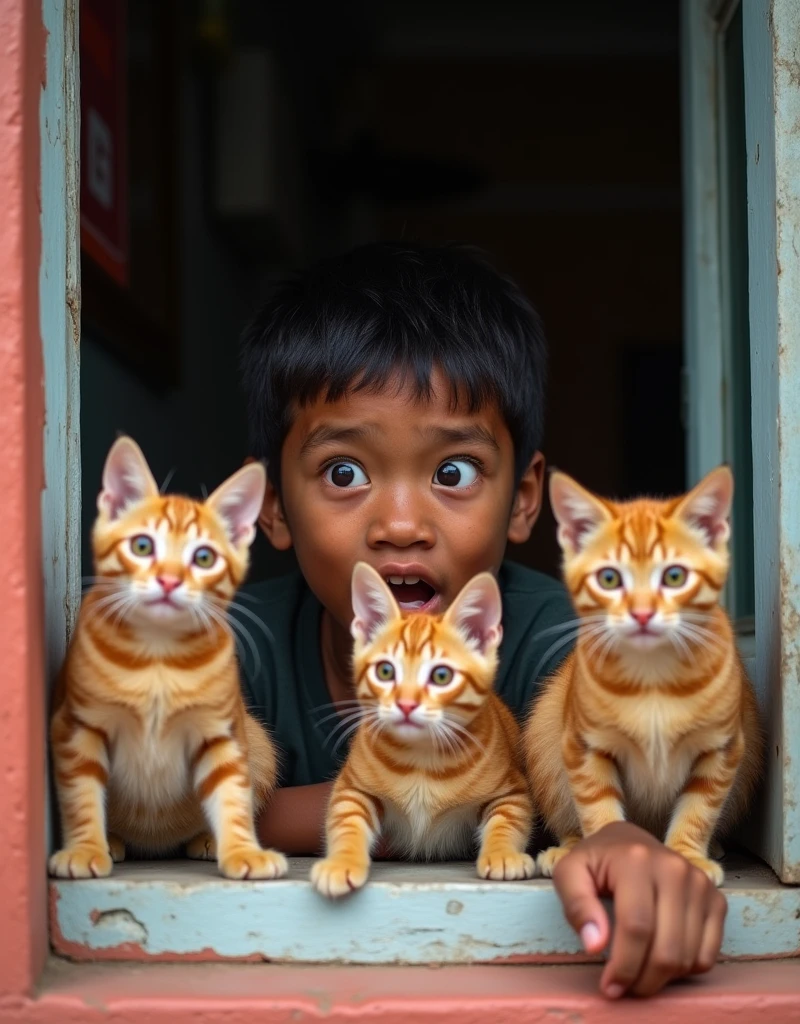Real photo. an Indonesian young man 25 last year olds with a face peeking at something from a window wall, only his eyes and hands were glaring curiously as if shocked to see something strange along with 3 orange cats with shocked expressions. Ultra-realistic 8K photo, taken with Leica Q2, strong color contrast and sharp clarity --ar 9:16 --quality 2 --
