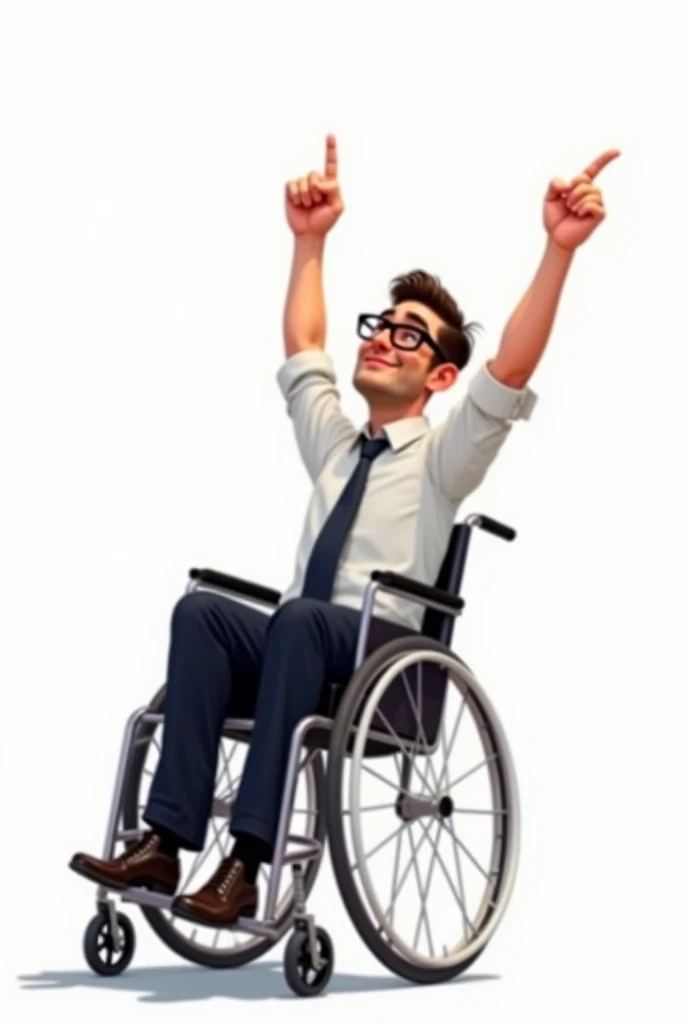 A man in a wheelchair wearing a white dress shirt and black dress pants, dress shoes, with black square glasses, with his arms up, pointing at something above him, facing forward, Pixar-style drawing, looking forward, white background