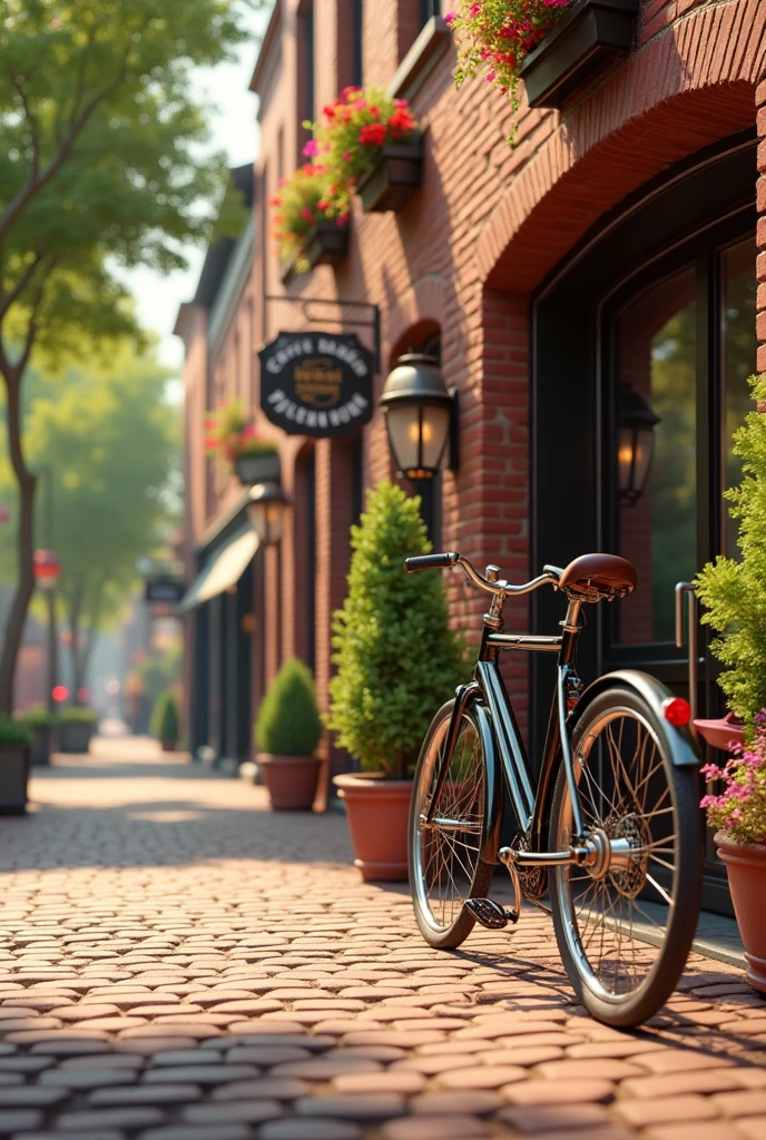 Clear and detailed bicycle parked next to a coffee shop Detailed and intricate perfect artistic illustration Slim realistic high detail Best quality ( Correct and perfect anatomy ) Ultra-detailed animation art and visual effects masters perfectly compose intricate digital art