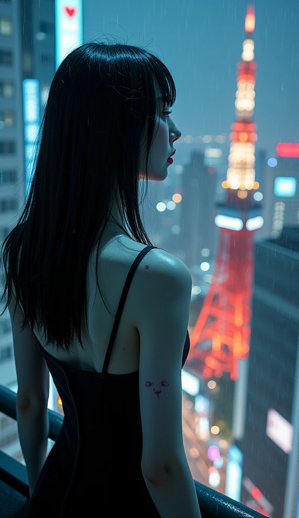 A Japanese vampire with pale skin and dark, straight hair, blood trickling down her neck after a recent hunt. She is dressed in a sleek black dress, blending with the night as she stands at the base of Tokyo Tower. The setting is a rainy night in the city, with neon lights reflecting off the wet streets. The vampire, having just fed in the bustling streets below, looks out over the sprawling metropolis, her expression cold and predatory.