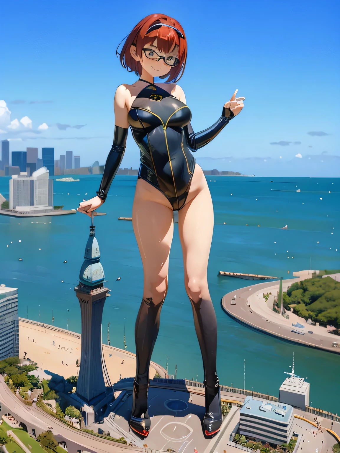 multiple girls, 3girls, standing, giantess art, highly detailed giantess shot, giantess, most detailed, perfect face, two legs, five fingers, short hair, beautiful girl bigger than a skyscraper, wearing rimless glasses, smiling, huge breasts, swimsuit, stiletto heels, under heavy attack, seaside metropolis, ocean, numerous miniature warships on the sea, very small metropolis, miniature metropolis, full body depiction, GTS, giga giantess, gigagts, trampling city, crush city, tiny city, micro city, high resolution, best quality, masterpiece,