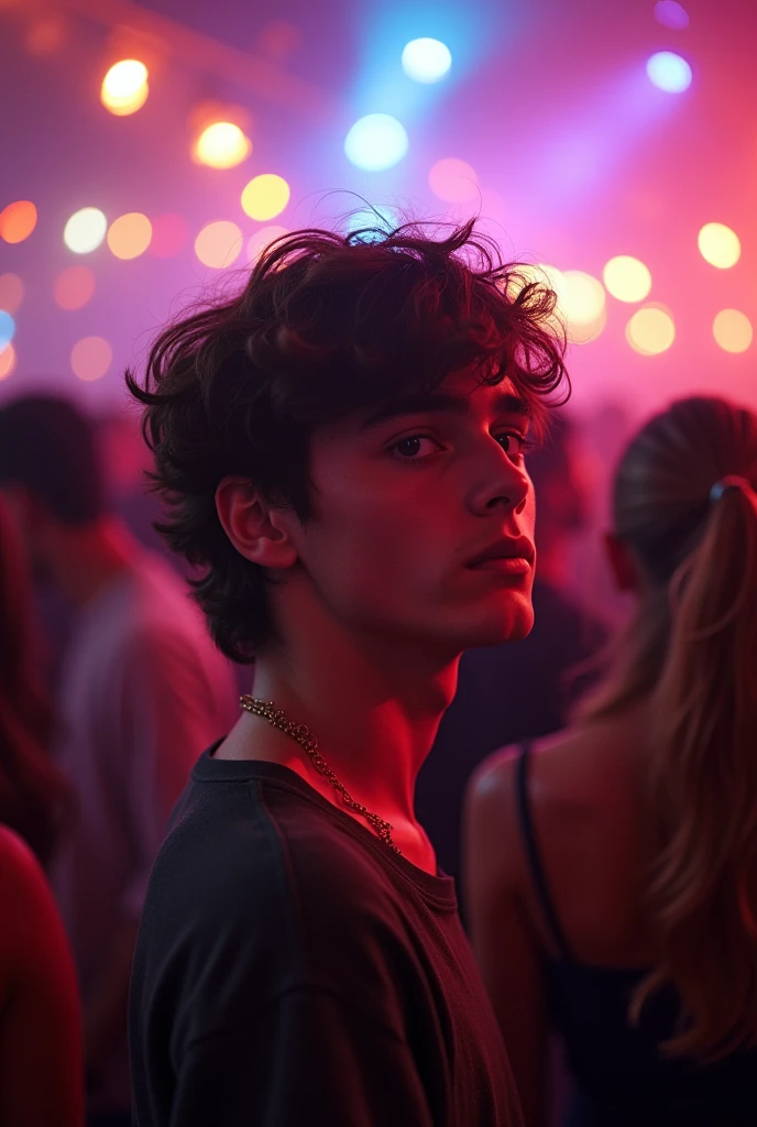 A 22-year-old boy with white skin, wavy brown hair, is at a party, There are friends of his around him talking but he is not paying attention to that conversation, This boy is looking from afar at a group of people looking for someone. The boy reflects a lot of sadness and loneliness.