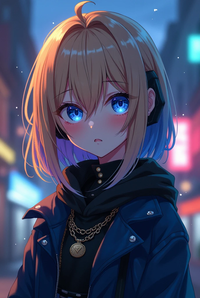 Gacha life girl edit blonde hair with a black tip and tears rolling fown her face and dark blue and black clothes