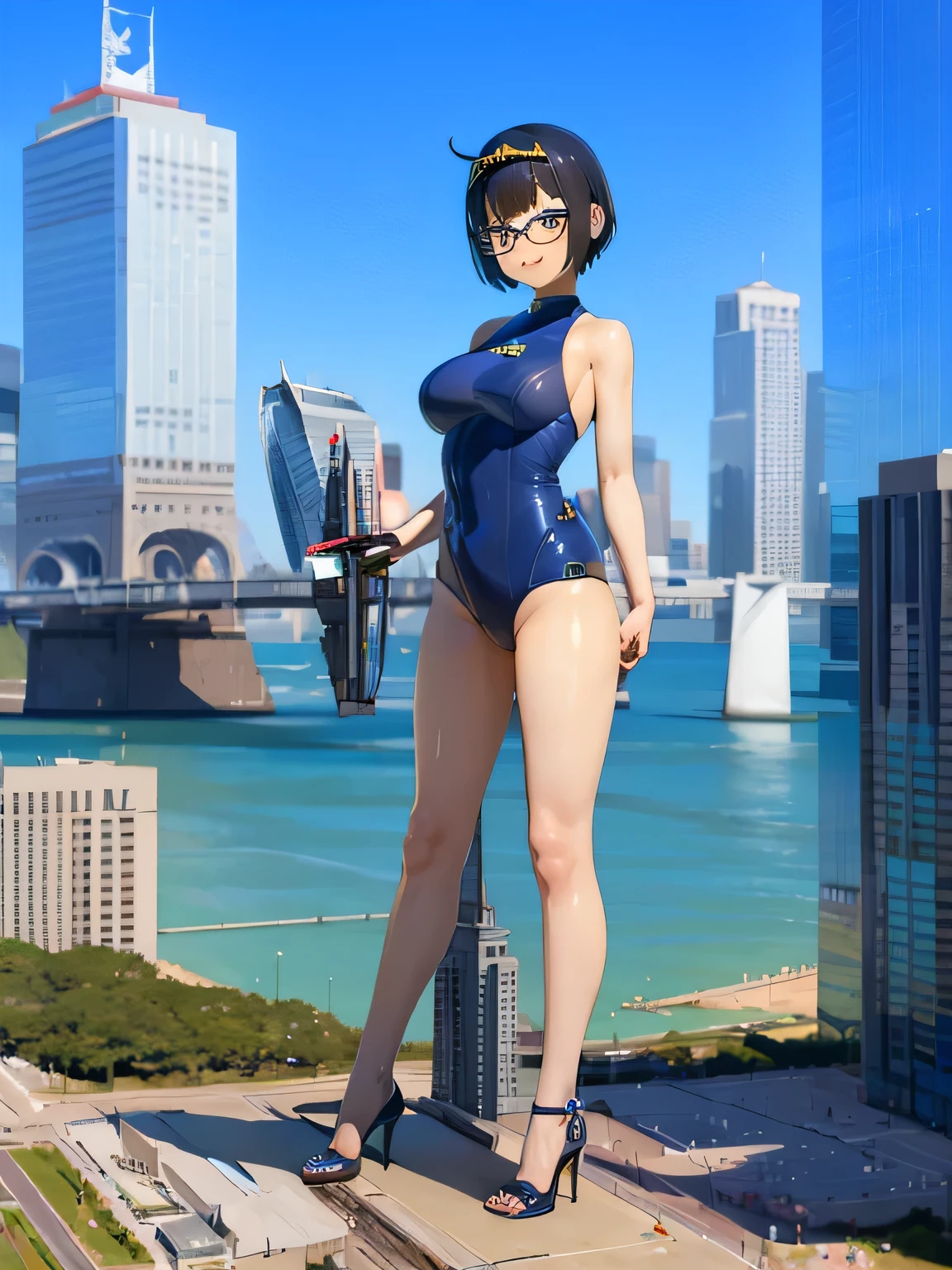 multiple girls, 3girls, standing, giantess art, highly detailed giantess shot, giantess, most detailed, perfect face, two legs, five fingers, short hair, beautiful girl bigger than a skyscraper, wearing rimless glasses, smiling, huge breasts, swimsuit, stiletto heels, under heavy attack, seaside metropolis, ocean, numerous miniature warships on the sea, very small metropolis, miniature metropolis, full body depiction, GTS, giga giantess, gigagts, trampling city, crush city, tiny city, micro city, high resolution, best quality, masterpiece,