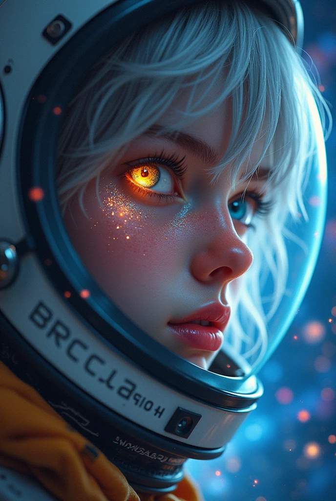 (Close-up of a better masterpiece:1.5)0.9], (Space and astronauts:1.2) (Messy silver hair:1.1) (Heterochromia xanthochromia and blue eyes:1.2) (Space Helmet:1.0) (Colored stars in the eyes:1.0) (A radiant glow:1.1) (thick lips:0.9)
