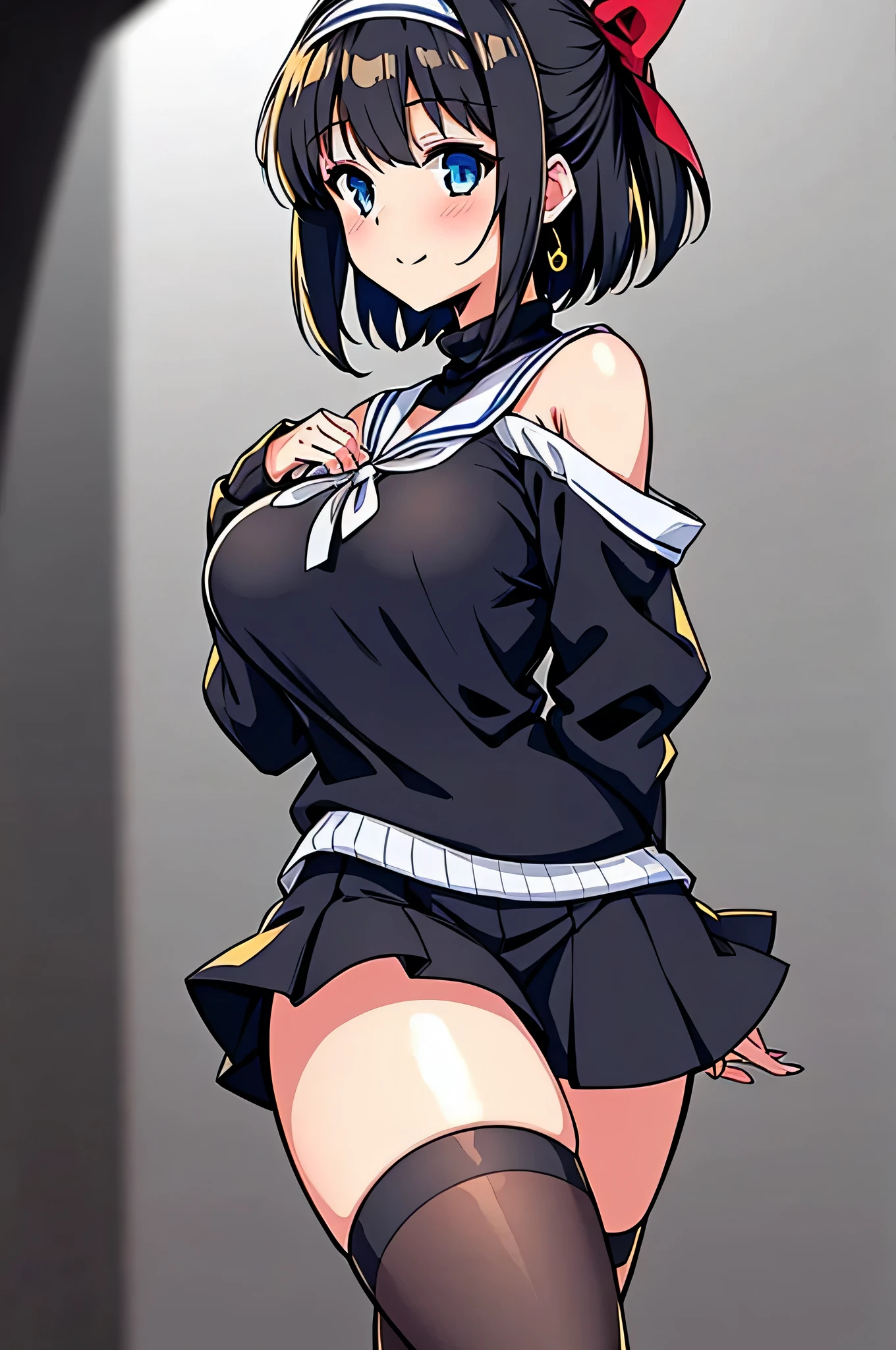 all intricate details, masterpiece, best quality, highres, 1girl, solo, jewelry, skirt, sweater, necklace, black skirt, black hair, short hair, ribbed sweater, socks, turtleneck sweater, turtleneck, white socks, blue eyes, long sleeves, pleated skirt, ribbon, breasts, bow, hair ribbon, hairband, hair bow, bangs, firm breasts, medium breasts, sarashina ruka, cowboy shot, smile, random sexy angle.