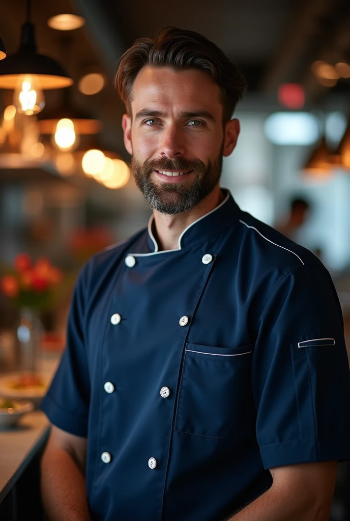 Navy blue chef's uniform with white details with snap buttons