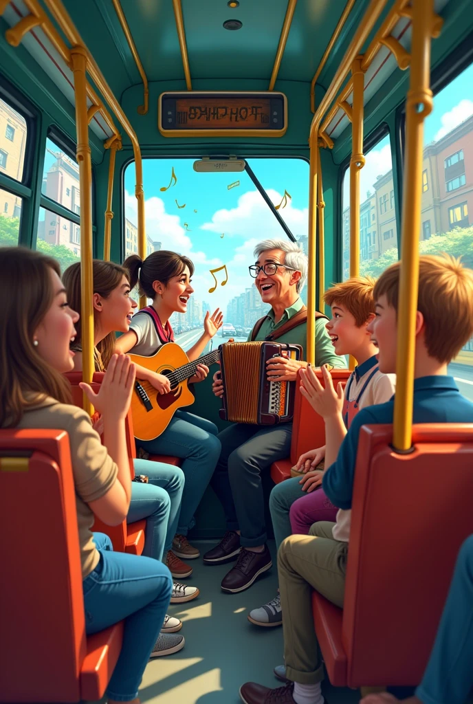 Create an animated image of a bus where passengers are playing an instrument