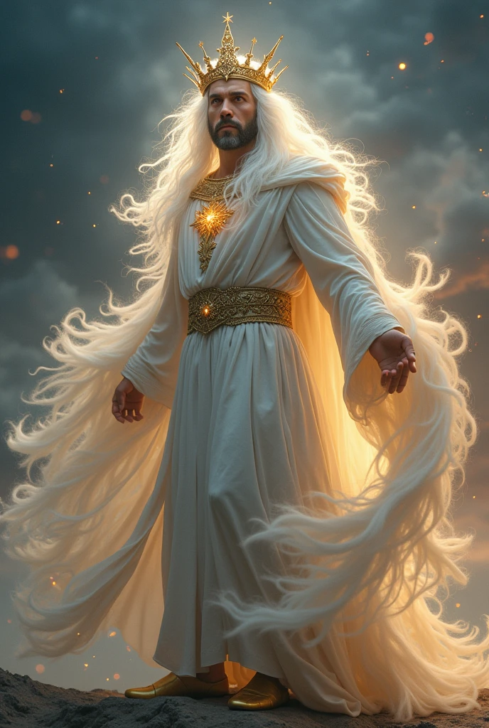 (photorealism:1.2),white hair on his head, eyes like a flame of fire, his feet like burnished bronze, white robe, crown