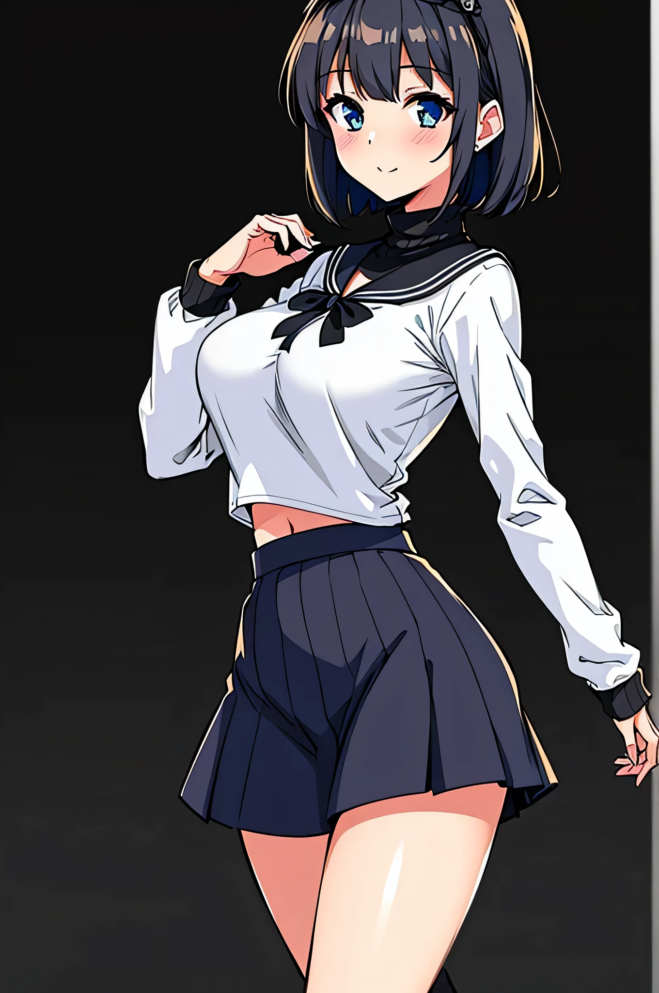 all intricate details, masterpiece, best quality, highres, 1girl, solo, jewelry, skirt, sweater, necklace, black skirt, black hair, short hair, ribbed sweater, socks, turtleneck sweater, turtleneck, white socks, blue eyes, long sleeves, pleated skirt, ribbon, breasts, bow, hair ribbon, hairband, hair bow, bangs, firm breasts, medium breasts, sarashina ruka, cowboy shot, smile, random sexy angle.
