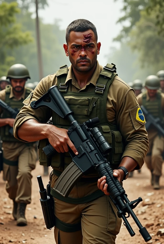 Illustrate a light brown man, all dirty with dust and all cut up, from the Brazilian army commando battalion, with a large, strong and wide physique, He has short hair, with a tired but aggressive look, holding a heavy machine gun with a large cut on his face. He is fully equipped with a vest and a long-sleeved uniform of the Brazilian army.. He has a large, heavy vest. In the background leading an entire battalion of Brazilian soldiers