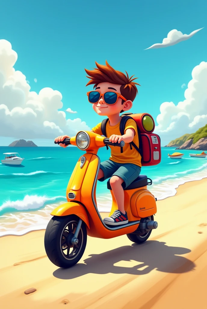 A boy avatar on an electric scooter riding in front of the sea with his backpack and sunglasses