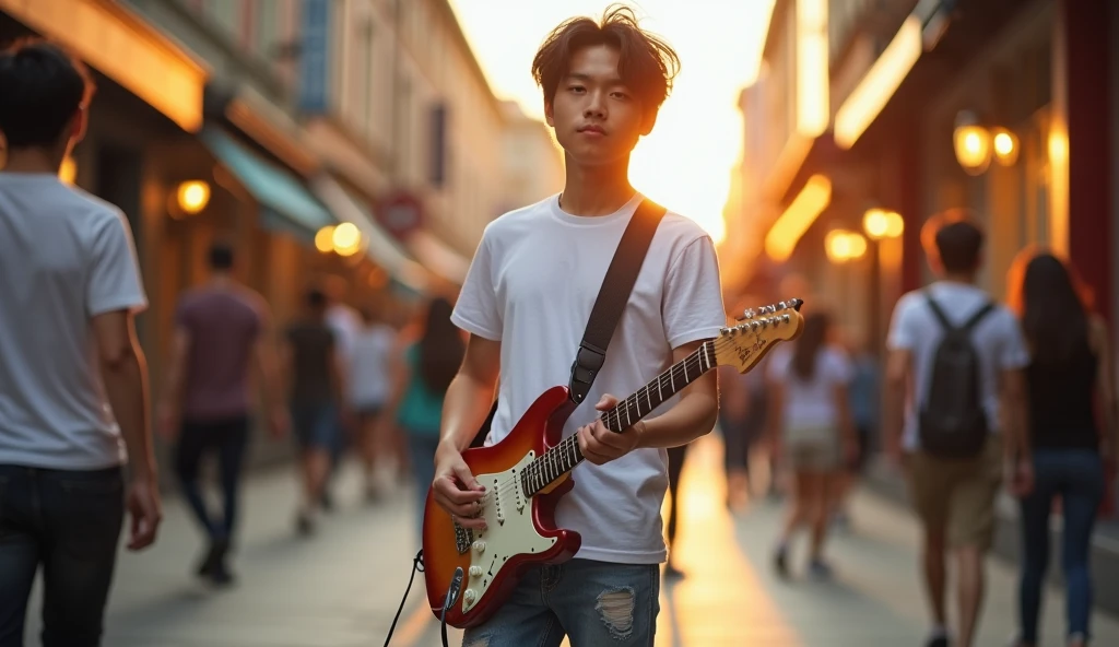 8k, highest quality, ultra details, Tobias Bjorgsha, , handsome asian teenage, white t-shirt, ripped jeans and running shoes, messy neat black hair, playing electric guitar,he is looking forward to camera, background of crowded street after work hour, carefree expression