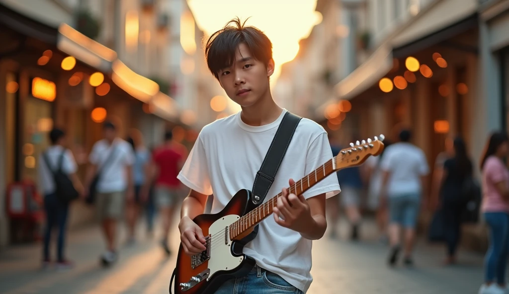 8k, highest quality, ultra details, Tobias Bjorgsha, , handsome asian teenage, white t-shirt, ripped jeans and running shoes, messy neat black hair, playing electric guitar,he is looking forward to camera, background of crowded street after work hour, carefree expression