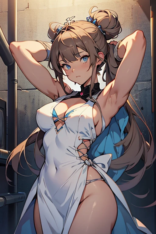 anime girl, princess with a crown on her head, in a prison, in a jail, (tied up: 1.2), expresso brown hair, bangs, bun, blue eyes, cute anime waifu , artwork in the style of guweiz, guweiz, seductive anime girl, female anime character, female protagonist, beautiful anime girl, anime girl, beautiful anime girl, cute anime waifu, artwork in the style of guweiz, seductive anime girl, female anime character, wearing a nice white dirty dress, big boobs, (slim body: 1.2), slim hips,