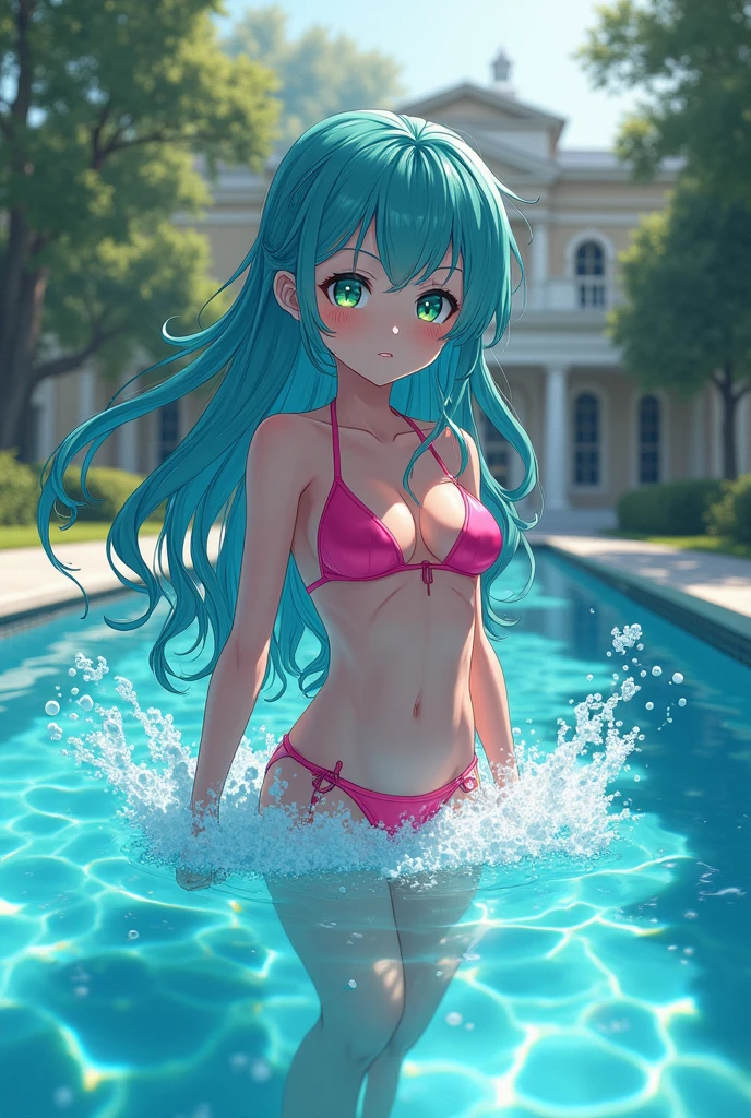 13 year old girl drowns in a pool in an anime style mansion wearing a pink bikini 13 year old girl