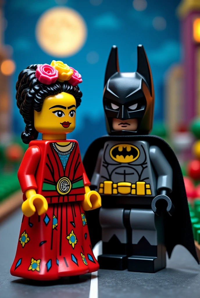frida kahlo and Batman in lego art, night