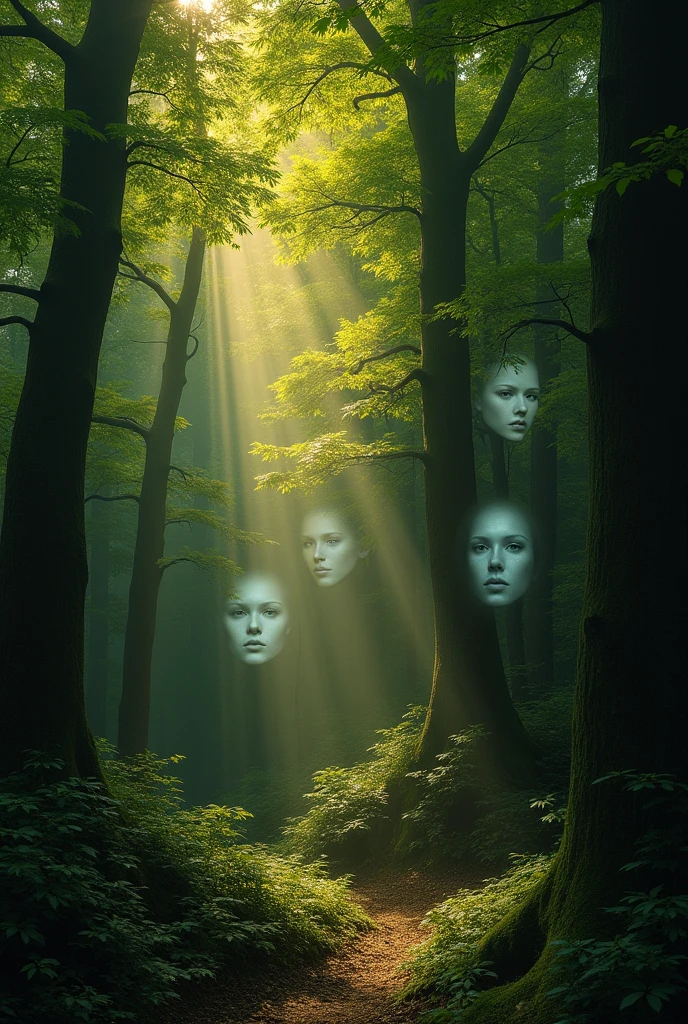 Une scène dans une forêt dense et mystique, avec des arbres imposants et une lumière douce filtrant à travers les feuilles. Au milieu de la forêt, plusieurs visages d’albinos femmes et hommes apparaissent entre les arbres, avec des regards sereins et des expressions paisibles. Les visages sont légèrement illuminés, contrastant avec l’ombre de la forêt, créant une ambiance à la fois mystique et apaisante.