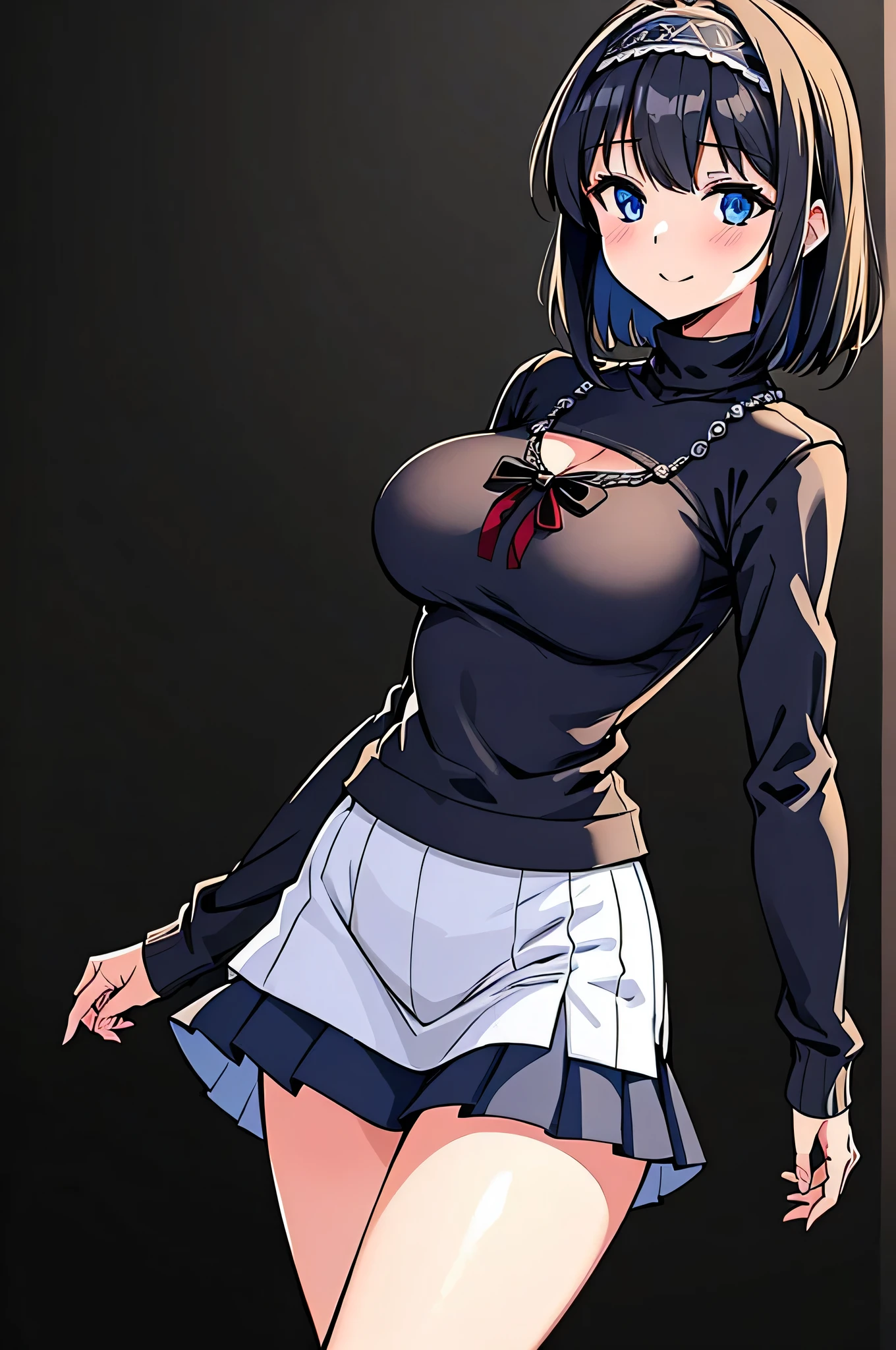 all intricate details, masterpiece, best quality, highres, 1girl, solo, jewelry, skirt, sweater, necklace, black skirt, black hair, short hair, ribbed sweater, socks, turtleneck sweater, turtleneck, white socks, blue eyes, long sleeves, pleated skirt, ribbon, breasts, bow, hair ribbon, hairband, hair bow, bangs, firm breasts, medium breasts, sarashina ruka, cowboy shot, smile, random sexy angle.