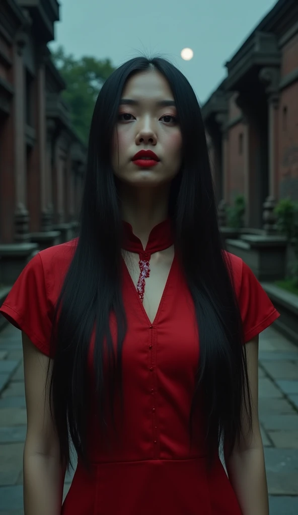 A Vietnamese vampire woman with smooth, light brown skin and long, straight black hair, her lips glistening with blood that drips onto her traditional red áo dài. She stands in the ancient stone courtyard of the Temple of Literature in Hanoi. The night is dark and silent, with the ancient architecture illuminated by faint moonlight. She has just fed, and the stillness of the night contrasts with the violence of her recent hunt.