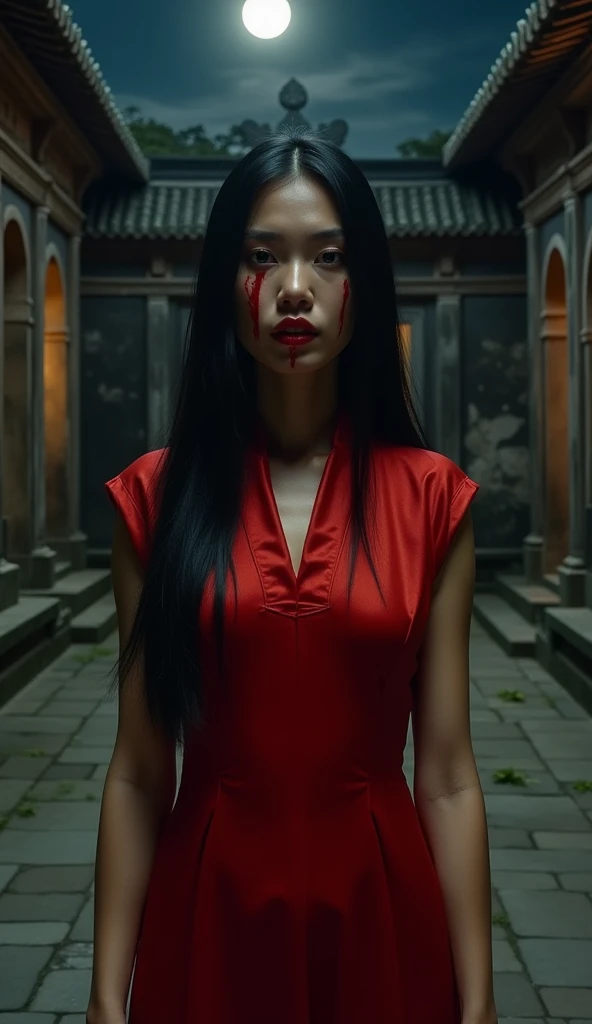 A Vietnamese vampire woman with smooth, light brown skin and long, straight black hair, her lips glistening with blood that drips onto her traditional red áo dài. She stands in the ancient stone courtyard of the Temple of Literature in Hanoi. The night is dark and silent, with the ancient architecture illuminated by faint moonlight. She has just fed, and the stillness of the night contrasts with the violence of her recent hunt.