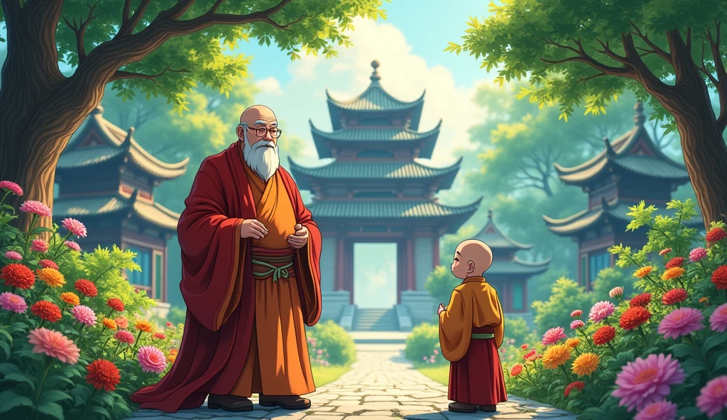 An wisdom full old fat Chinese monk standing at beautiful garden, a elder monk student approach towards old monk master, flowers, surrounded by temples, beautiful scenario, trees, in anime style,