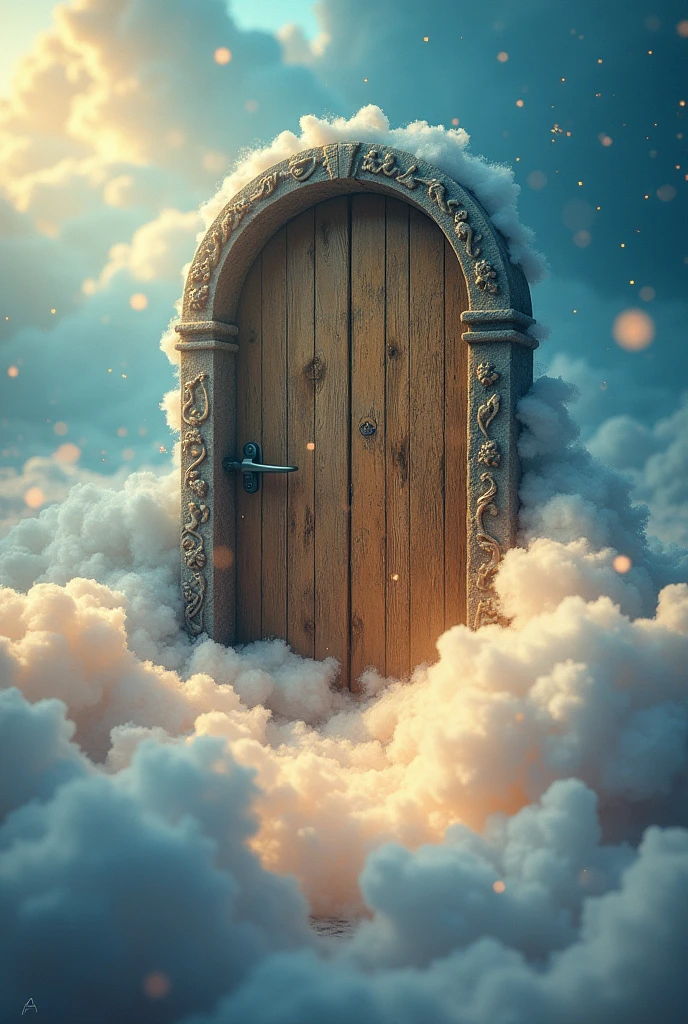A wooden door on a bright cloud with a bright atmosphere around it