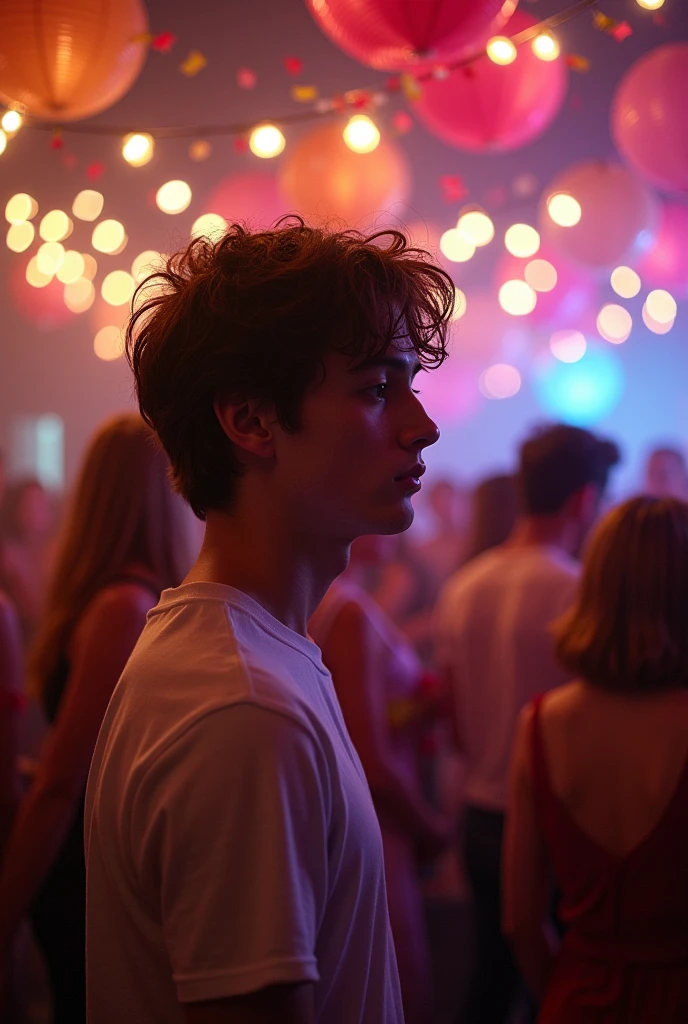 A 22-year-old boy with white skin, wavy brown hair, is at a party, There are friends of his around him talking but he is not paying attention to that conversation, This boy is looking at a group of people, searching for someone, The boy reflects a lot of sadness and loneliness



