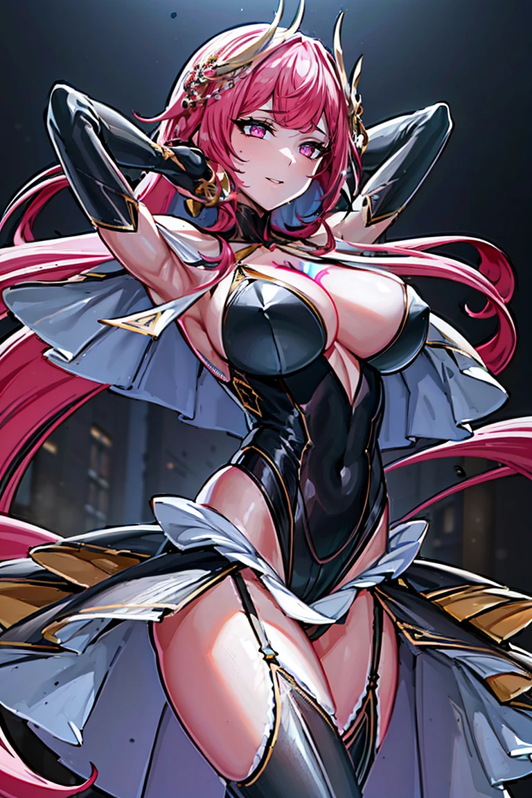 Smooth and Flawless Skin, Expressive and Captivating Eyes, Well-Defined Facial Features, Radiant and Healthy Glow, Perfectly Proportioned Face, Graceful and Symmetrical Features, Fine Details and Realistic Texture, cute face, absurdres, vivid color, beautiful portrait of cute anime girls, anime best girl, anime screencap, anime style, finely detailed, insanely detailed, exquisite, fantastic, amazing quality, top quality, professional quality, high quality, finely quality, official art, production art, super detailed skin, clear eyes, light eyes, light image, gleaming skin, oil skin, shiny skin, accurate face parts, cinematic, extremely detailed beautiful face and eyes, fair skin, 16k, 32k, 16k portrait, 32k portrait, masterpiece, Highest quality, ultra Detailed beautiful face and eyes, Detailed eyes, High resolution, beautiful, super fine illustration, extremely detailed unity cg 8k wallpaper, fearless face, perfect eyes, deep detailed eyes, perfect face, low ponytail, pink hair, hair ornament, pink eyes, leotard, zipper, white showgirl skirt, bare shoulder, thighighs, thigh high boots, bare thighs, cleavage, cleavage cutout, adult face, elbow gloves, jewelry, garter belt, garter straps, (((chest red tattoo))), hair between eyes, evil grin, perfect hands, perfect fingers, five finger, four finger and one thumb, skin tight, straight bangs, beautiful hair, (((very long skirt))), sexy, (((short cape))), cowboy shot, perfect proportion, perfect anatomy, perfect female body, (((arms down))), both arms, two arms, perfect arms, voluptuous, Chubby,