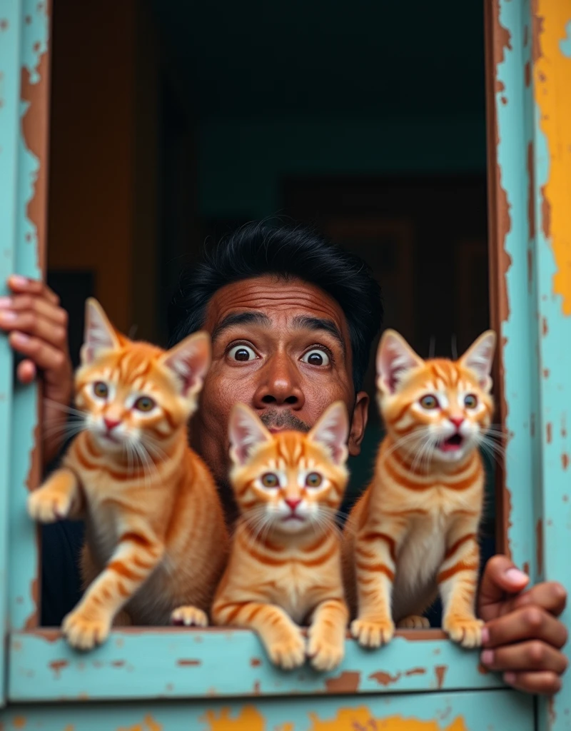 Real photo. an Indonesian man 25 last year olds with a face peeking at something from a window wall, only his eyes and hands were glaring curiously as if shocked to see something strange along with 3 orange cats with shocked expressions. Ultra-realistic 8K photo, taken with Leica Q2, strong color contrast and sharp clarity --ar 9:16 --quality 2 --