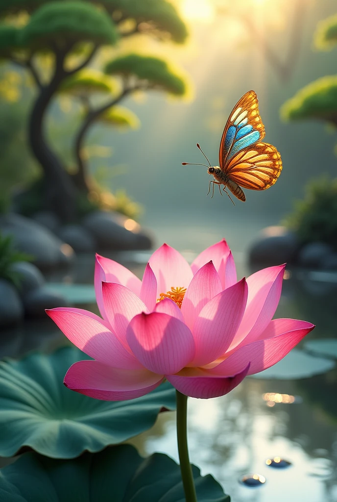 butterfly, lotus flower and japanese