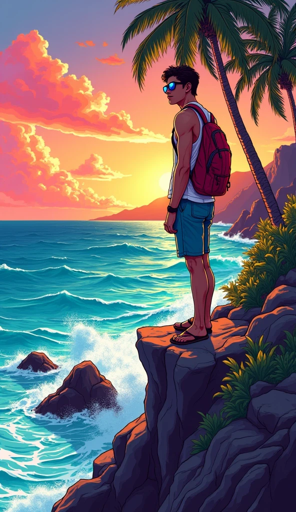 young male looking out to the ocean, retro sunglasses, Hawaii, gta vice style , illustration , reteo comic illustration
