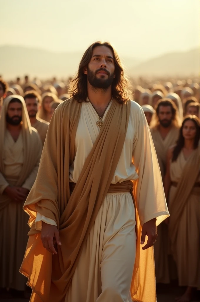 "An image of Jesus Christ, depicted in a realistic style, standing at the center of a large, diverse crowd. Jesus has a gentle and serene expression, with long brown hair, a trimmed beard, and wearing traditional biblical robes in white and light brown. The crowd around Him consists of people of various ages, ethnicities, and backgrounds, all looking towards Him with expressions of reverence, curiosity, and hope. The background suggests an open, natural setting with a soft, warm light illuminating the scene, highlighting the sense of unity and peace among the people."
