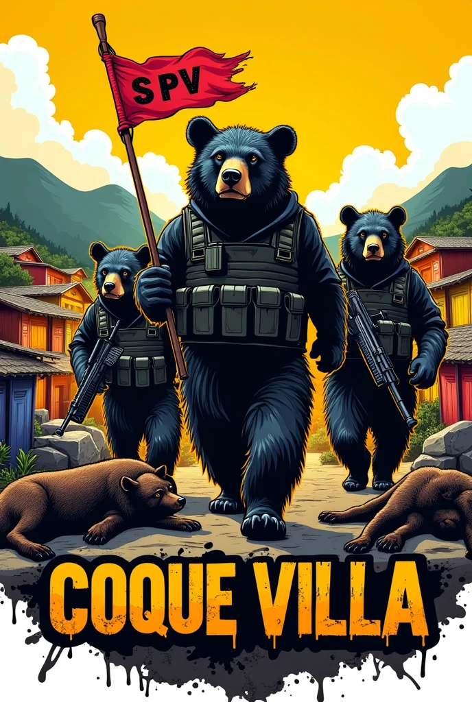 A logo illustration depicting a favela in the background with a red flag saying SPV on it at the top, surrounded by fierce looking bears strong muscular bears stepping over about 2 downed coyotes the bears armed with rifles and bulletproof vests use black bears and put human clothes on them as if they were bandits. The background includes some colors with black and yellow, possibly The text "COQUE VILLA" It is displayed prominently at the bottom of the image, use graffiti fonts in the highlighted text, make it a size that can be used as a profile picture.