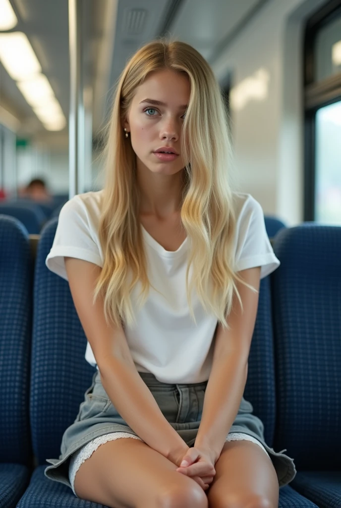 sitting on train seat, Sit well, Shot from the opposite seat, white shirt, short grey skirt, blonde hair, White lace panties, Amazed expression, Perfectly styled long hair,