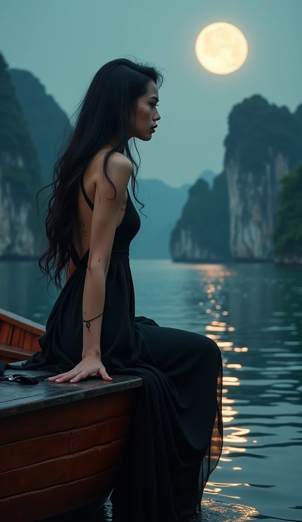 A Vietnamese vampire with tan skin and flowing black hair, blood seeping from her fangs and staining her elegant silk dress. She is perched on the edge of a boat in Ha Long Bay, surrounded by towering limestone karsts. The moonlight casts eerie reflections on the calm waters, while the mist clings to the rocks. The vampire gazes over the water, her eyes cold and calculating, after having fed on an unsuspecting traveler in the quiet of the night.