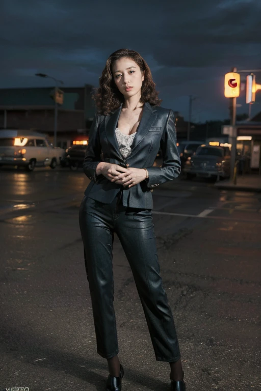 ((Original Photography:1.3)),((best quality,Ultra-high definition:1.2)),1950 retro style,old movie style,old photo style,Street scene in the United States in 1950,American Motel,Fashion portrait photos, 1 elegant lady,Dignified temperament,curls, Very detailed details of the face,Exquisite eyes,Dignified eyes,Full body portrait,Spectacular neon lights,Standing elegantly on the street corner ,Perfect body,Long legs,Retro road suit,Real background,Highly integrated characters and backgrounds