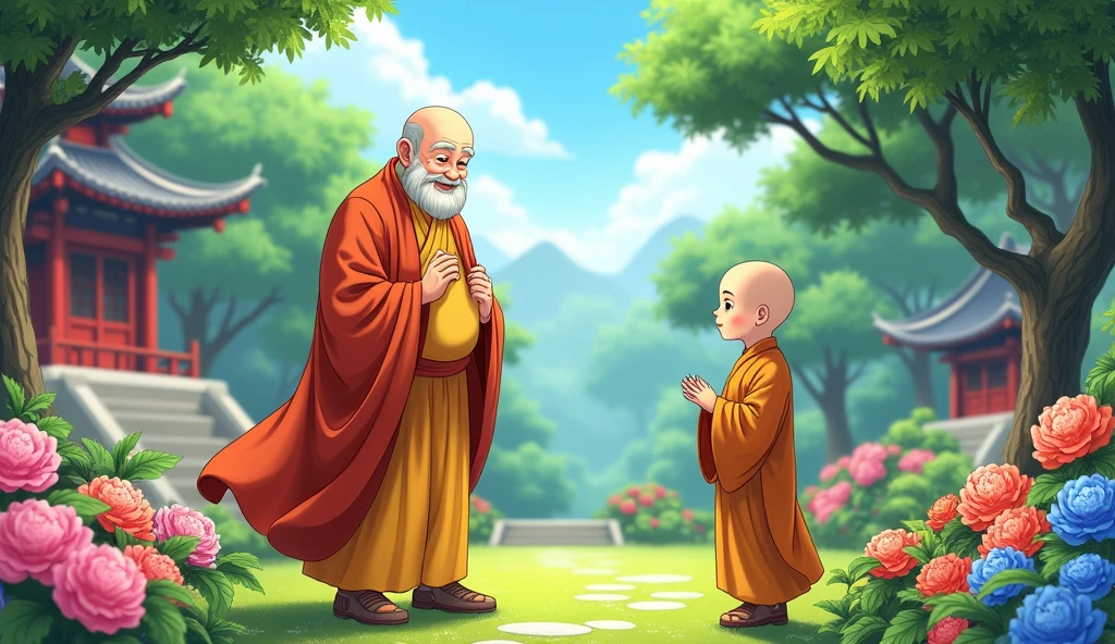 An wisdom full old fat Chinese monk standing at beautiful garden, a monk student approach towards old monk master, flowers, surrounded by temples, beautiful scenario, trees, in anime style,