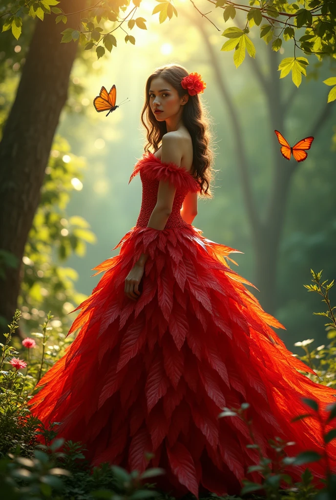 princess maternity in forest . wearing a leaf made dress . red colour dress. front pose looking in camera
