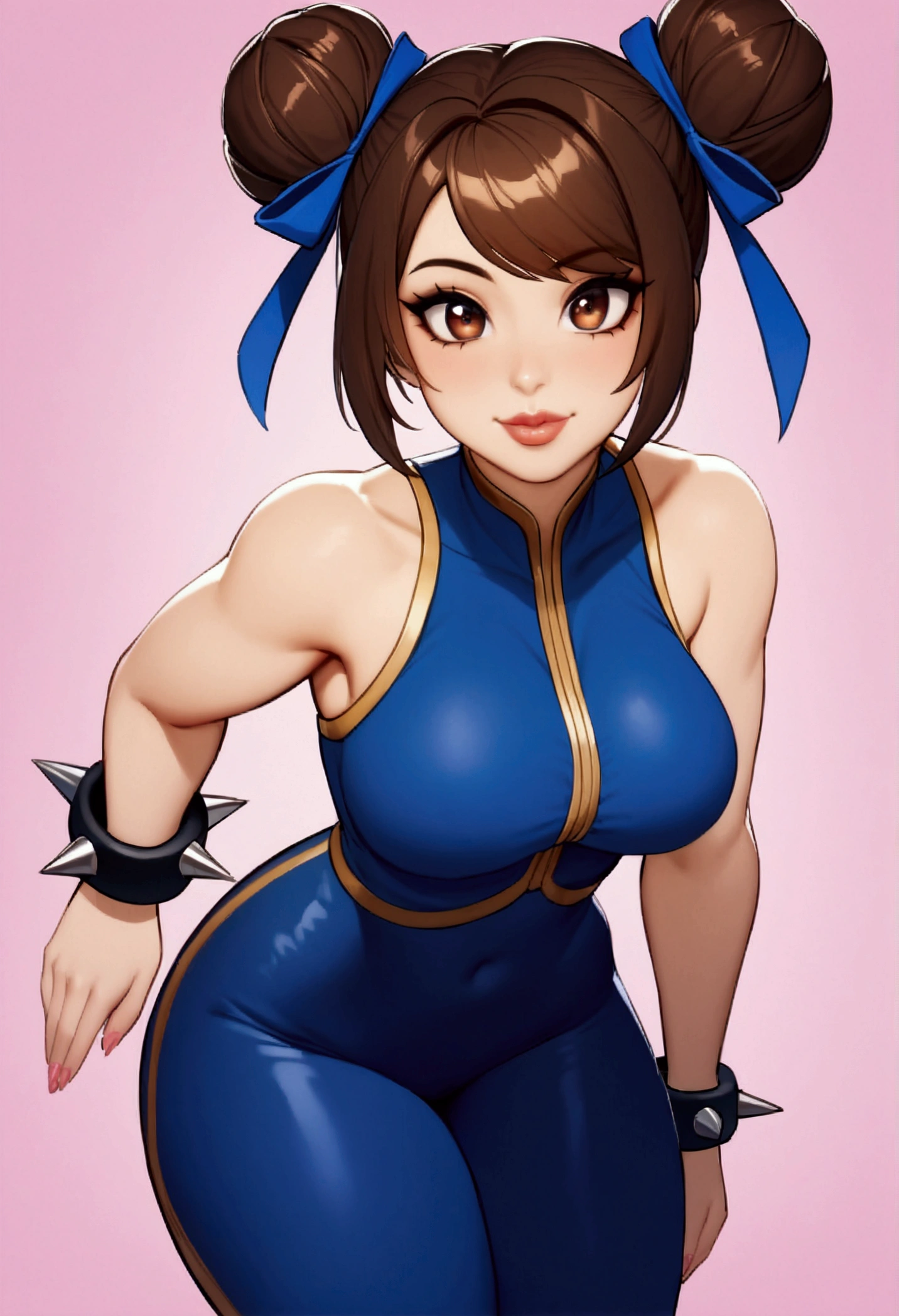 chunlifortnite, 1girl, short hair, brown hair, ribbon, brown eyes, jewelry, hair ribbon, sleeveless, hair bun, bracelet, lips, blue crop top, double bun, blue bodysuit, thick thighs, spikes,spiked bracelet, unitard, studded bracelet, chun-lin, teasing,