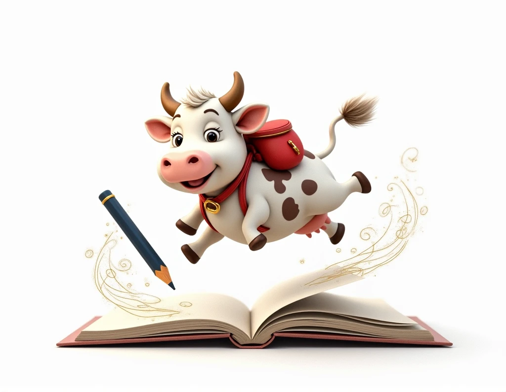 A white cow with its brown spots, mer, with positions linked to a stationery brand, some positions would be with a dark blue writing pencil, in 3d the drawing. cow with small horn and red backpack on her back, flying over a notebook, as if the notebook were a magic carpet, em png, white background, no images other than the figure