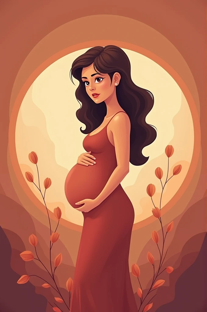 My banner is about high-risk pregnancy, in brown colors, dark red and light orange. Create a cartoon image in a centered way as it will be inserted into a circle: Pregnant woman with early release of fluid