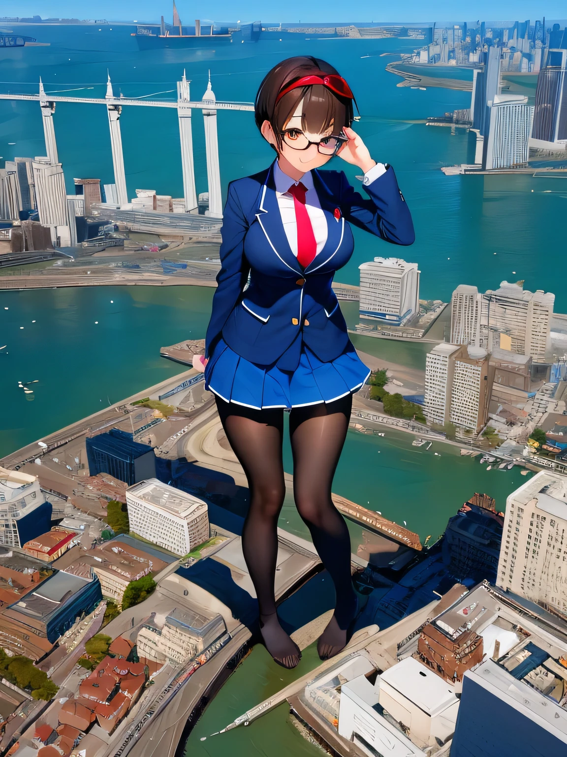 multiple girls, 3girls, standing, giantess art, highly detailed giantess shots, giantess, most detailed, perfect face, Two legs, Five fingers, short hair, A high school girl who is bigger than a skyscraper, Wearing rimless glasses, smile, huge breasts, Navy blazer, Red tie, mini skirt, black pantyhose, no shoes on, toes visible through pantyhose, Steam coming out from the soles of my feet, seaside metropolis, numerous miniature warships on the sea, Destroying cities, Under heavy attack, A very small big city, Miniature metropolis, Full body description, GTS, giga giantess, stomping city, crash city, tiny city, micro city, pantyhose feet, High resolution, highest quality, masterpiece, 