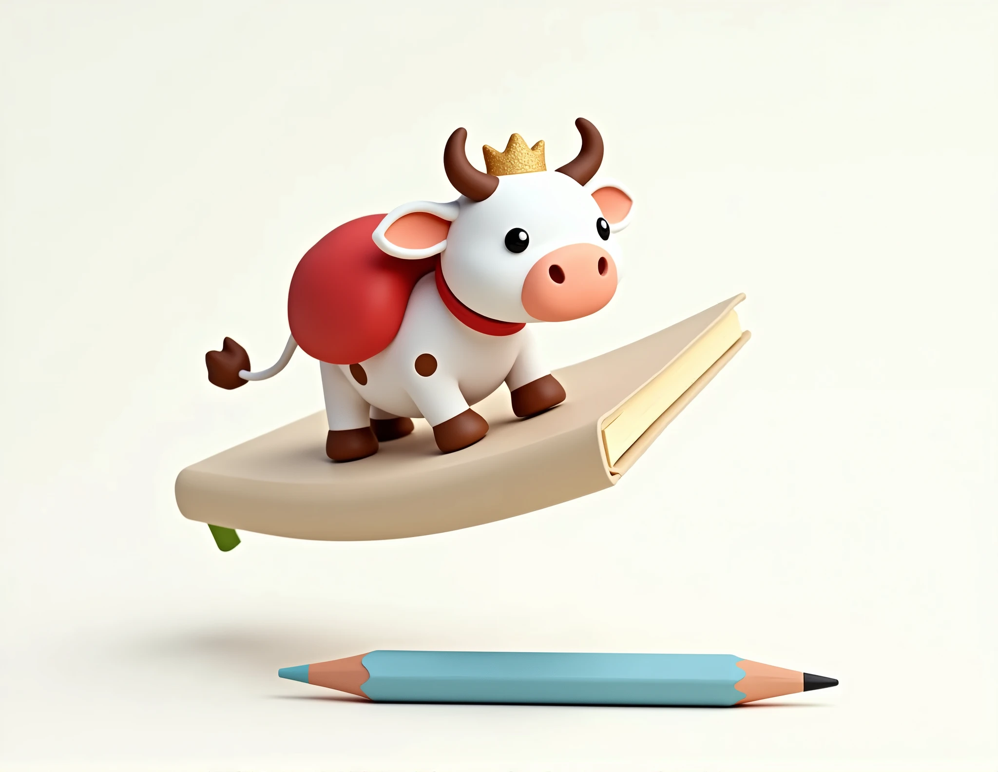 A white cow with its brown spots, mer, with positions linked to a stationery brand, some positions would be with a blue writing pencil, in 3d the drawing. cow with small horn and red backpack on her back, flying over a notebook, as if the notebook were a magic carpet, em png, white background, no images other than the figure
