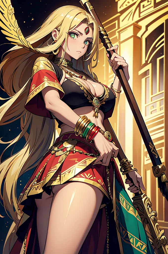holding gun, Holding Shield, Itch, belly out, long hair, fluffy hair, blondie hair, yellow eyes, x-shaped pupils, She wears an outfit inspired by Aztec culture., with lots of golden details and colorful feathers. The outfit is a top and skirt combination, both adorned with traditional prints and jewelry. She also has gold bracelets and anklets., as well as a large, ornate necklace. The predominant colors in his outfit are red, the green and the gold, colors often associated with royalty and divinity in Aztec culture. She also wields a macuahuitl, a traditional Aztec weapon.