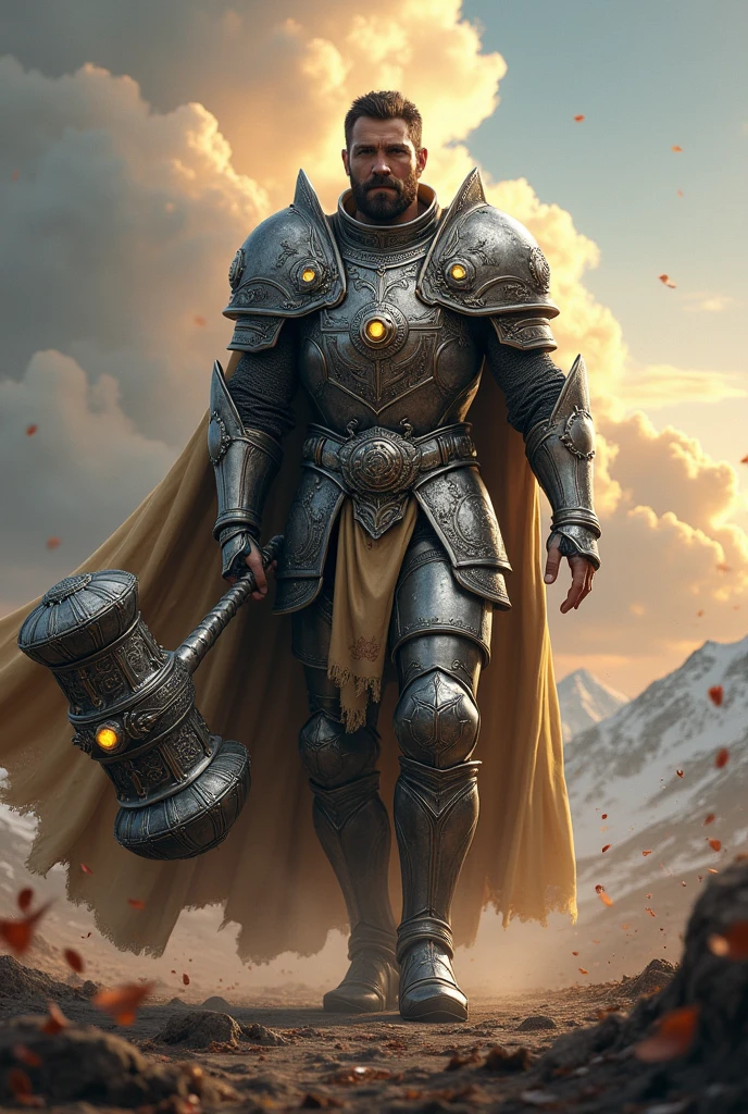 A full-bodied Paladin, 2 meters high, with shining armor, carrying a war hammer