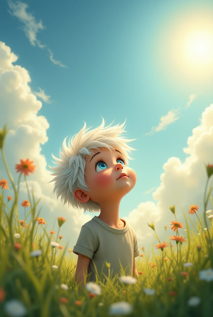 A boy with white hair looking at the sky