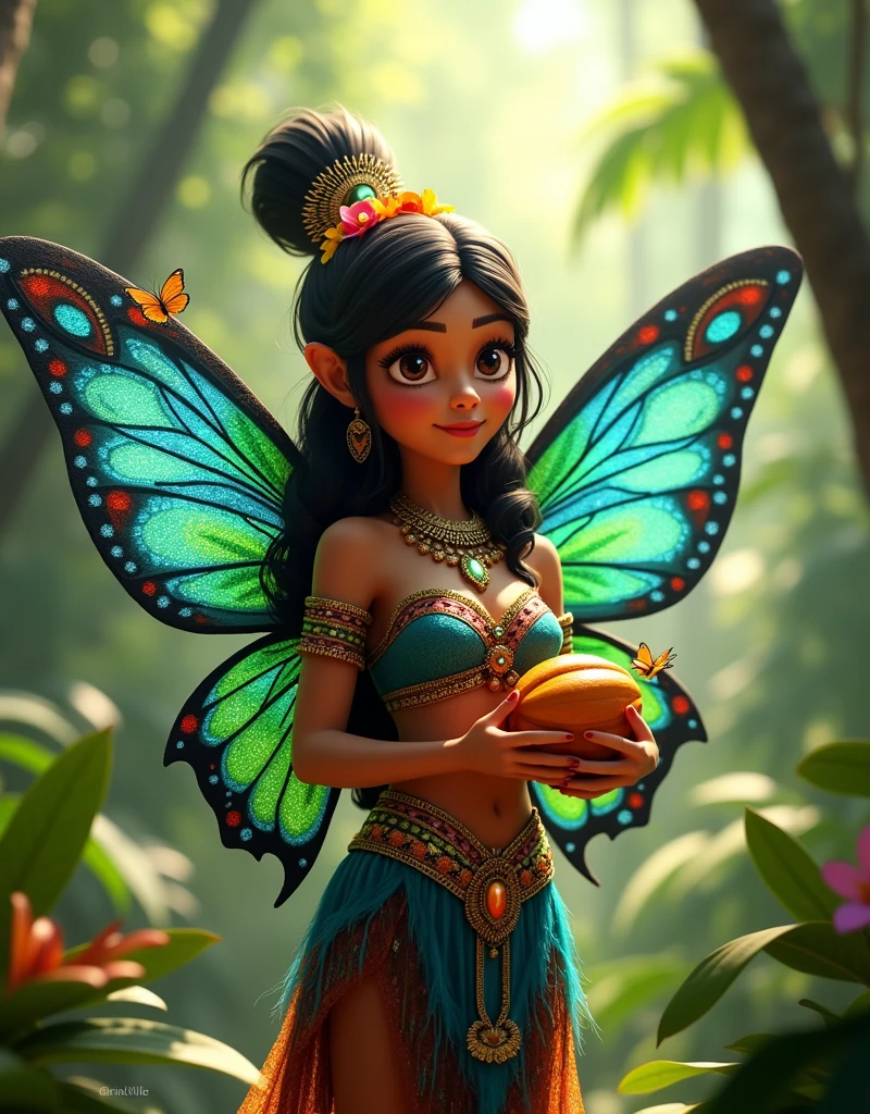 pixar animations 3d character of a  mayan woman dressed as a butterfly she has a cacao big seed in her hands
