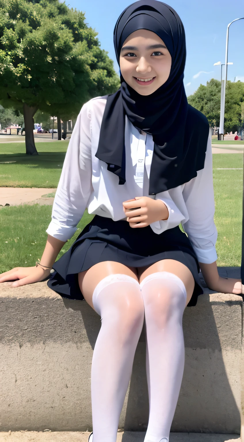 15 year old turkish girl wearing hijab, white shirt, black loose mini skirt, white stockings in the park a sweet smile, thick thighs,